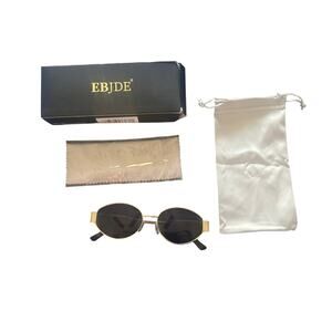 New With Box EBJDE Wire Rimmed Gold Tone Sunglasses with Pouch & Cleaning Cloth